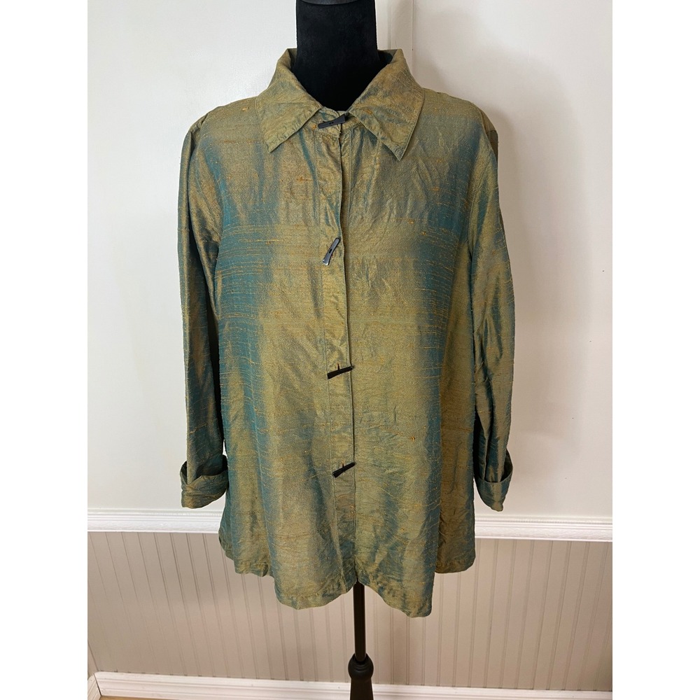 Anu Vintage Women Iridescent Green Gold 100% Raw Silk Toggle Button Jacket Large
